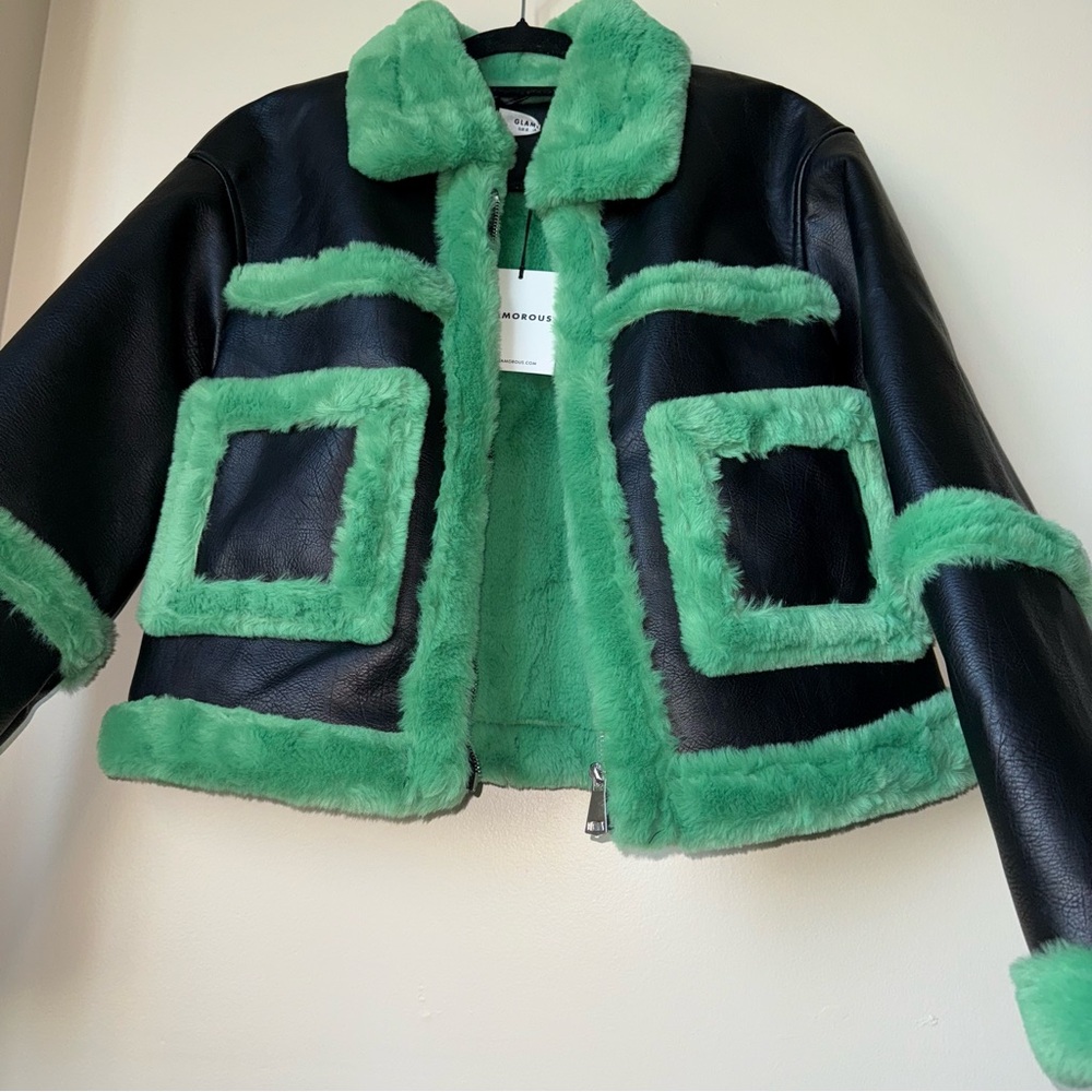 Glamorous Black Green Cropped Shearling Trim Vegan Leather Coat Size 6 - Picture 8 of 13